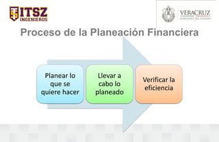 Proceso de la Planeación Financiera
Planear lo
que se
quiere hacer
Llevar a
cabo lo
planeado
Verificar la
eficiencia
 