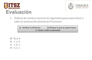 Evaluación
1. Ordena de manera correcta los siguientes pasos para llevar a
cabo un proceso de planeación financiera.
a) b, c, a
b) c, a, b
c) c, b, a
d) b, a, c
a) Verificar la eficiencia b) Planear lo que se quiere hacer
c) Llevar a cabo lo planeado
 