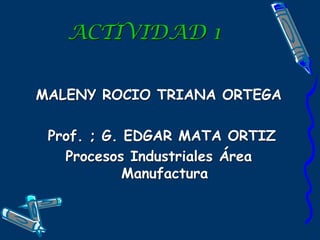 ACTIVIDAD 1
MALENY ROCIO TRIANA ORTEGA
Prof. ; G. EDGAR MATA ORTIZ
Procesos Industriales Área
Manufactura
 