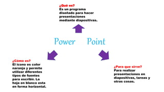 Power Point
¿Qué es?
Es un programa
diseñado para hacer
presentaciones
mediante diapositivas.
¿Cómo es?
El icono es color
naranja y permite
utilizar diferentes
tipos de fuentes
para escribir. La
hoja en blanco esta
en forma horizontal.
¿Para que sirve?
Para realizar
presentaciones en
diapositivas, tareas y
otras cosas.
 