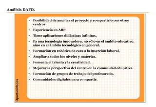 Oportunidades
• Posibilidad de ampliar el proyecto y compartirlo con otros
centros.
• Experiencia en ABP.
• Tiene aplicaciones didácticas infinitas.
• Es una tecnología innovadora, no sólo en el ámbito educativo,
sino en el ámbito tecnológico en general.
• Formación en robótica de cara a la inserción laboral.
• Ampliar a todos los niveles y materias.
• Fomenta el talento y la creatividad.
• Mejorar la perspectiva del centro en la comunidad educativa.
• Formación de grupos de trabajo del profesorado.
• Comunidades digitales para compartir.
Análisis DAFO.
 