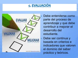 c. EVALUACIÓN
 Debe entenderse como
parte del proceso de
aprendizaje y que debe
contribuir a mejorar el
desarrollo del
estudiante.
 Debe ser continua y
basada en criterios e
indicadores que valoren
el dominio del saber
práctico y teóricos.
 