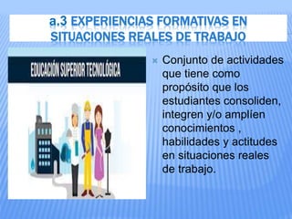 a.3 EXPERIENCIAS FORMATIVAS EN
SITUACIONES REALES DE TRABAJO
 Conjunto de actividades
que tiene como
propósito que los
estudiantes consoliden,
integren y/o amplíen
conocimientos ,
habilidades y actitudes
en situaciones reales
de trabajo.
 