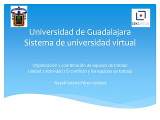 Universidad de Guadalajara
Sistema de universidad virtual
Organización y coordinación de equipos de trabajo
Unidad 2 Actividad 1 El conflicto y los equipos de trabajo
Nayeli Valeria Pérez Valadez
 