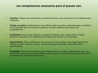 Las competencias necesarias para el puesto son:
• Iniciativa: Trabajar con compromiso, asumiendo tareas, aun cuando no le son indicadas para
realizarlas.
• Trabajo en equipo: Fundamental y muy valioso, saber escuchar y estar dispuesto a colaborar
en el momento que se le requiera y generar un buen ambiente de trabajo y de
compañerismo.
• Creatividad: Tener nuevas ideas en su puesto de trabajo, tener nuevas ideas, innovar,
encontrar soluciones a los problemas de trabajo que suscitan con frecuencia.
• Autoconfianza: Tener confianza en uno mismo en lo que realiza, tener seguridad en uno
mismo, no tener miedo en cuanto a lo que tenga que emprender aplicando nuevos
conocimientos.
• Flexibilidad: Voluntad de la persona para adaptarse a los cambios, capacidad de tener una
renovación continua y una mente abierta, ante cualquier circunstancia que se le presente en
el momento de una rotación de puesto.
 