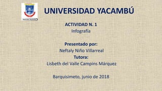 UNIVERSIDAD YACAMBÚ
ACTIVIDAD N. 1
Infografía
Presentado por:
Neftaly Niño Villarreal
Tutora:
Lisbeth del Valle Campins Márquez
Barquisimeto, junio de 2018
 