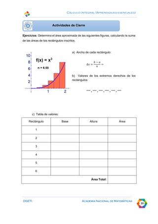 Cálculo Integral (Aprendizajes esenciales)
DGETI Academia Nacional de Matemáticas
20
Ejercicios: Determina el área aproximada de las siguientes figuras, calculando la suma
de las áreas de los rectángulos inscritos.
a) Ancho de cada rectángulo:
∆𝑥 =
𝑏 − 𝑎
𝑛
=
b) Valores de los extremos derechos de los
rectángulos:
, , , , ,
c) Tabla de valores:
Rectángulo Base Altura Área
1
2
3
4
5
6
Área Total:
Actividades de Cierre
 