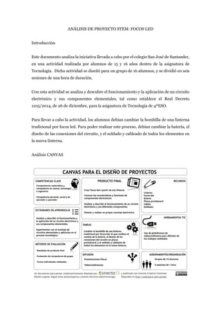 ANÁLISIS DE PROYECTO STEM: FOCOS LED
Introducción
Este documento analiza la iniciativa llevada a cabo por el colegio San José de Santander,
en una actividad realizada por alumnos de 15 y 16 años dentro de la asignatura de
Tecnología. Dicha actividad se diseñó para un grupo de 16 alumnos, y se dividió en seis
sesiones de una hora de duración.
Con esta actividad se analiza y descubre el funcionamiento y la aplicación de un circuito
electrónico y sus componentes elementales, tal como establece el Real Decreto
1105/2014, de 26 de diciembre, para la asignatura de Tecnología de 4ºESO.
Para llevar a cabo la actividad, los alumnos debían cambiar la bombilla de una linterna
tradicional por focos led. Para poder realizar este proceso, debían cambiar la batería, el
diseño de las conexiones del circuito, y el soldado y cableado de todos los elementos en
la nueva linterna.
Análisis CANVAS
 