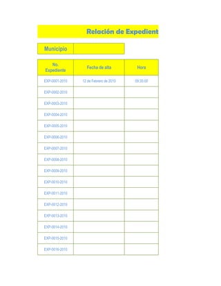 Relación de Expedientes

Municipio

   No.
                  Fecha de alta          Hora
Expediente

EXP-0001-2010   12 de Febrero de 2010   09:35:00

EXP-0002-2010

EXP-0003-2010

EXP-0004-2010

EXP-0005-2010

EXP-0006-2010

EXP-0007-2010

EXP-0008-2010

EXP-0009-2010

EXP-0010-2010

EXP-0011-2010

EXP-0012-2010

EXP-0013-2010

EXP-0014-2010

EXP-0015-2010

EXP-0016-2010
 