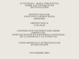 ACTIVIDAD 1 - MAPA CONCEPTUAL
SOBRE LOS ENFOQUES DE
INVESTIGACIÓN


PRESENTADO POR:
EDDY PAOLA MARIN ROJAS
100097005


CORPORACION UNIVERSITARIA IBERO
AMERICANA
ESPECIALIZACION EN DESARROLLO INTEGRAL
DE LA INFANCIA Y LA JUVENTUD


PRESENTADO A:
LUIS DIAZ


CURSO:MODELOS Y ESTRATEGIAS DE
INTERVENCIÓN






NOVIEMBRE 2021


 