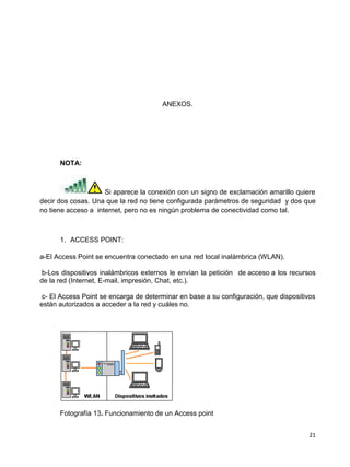 ANEXOS.




      NOTA:



                     Si aparece la conexión con un signo de exclamación amarillo quiere
decir dos cosas. Una que la red no tiene configurada parámetros de seguridad y dos que
no tiene acceso a internet, pero no es ningún problema de conectividad como tal.



      1. ACCESS POINT:

a-El Access Point se encuentra conectado en una red local inalámbrica (WLAN).

 b-Los dispositivos inalámbricos externos le envían la petición de acceso a los recursos
de la red (Internet, E-mail, impresión, Chat, etc.).

 c- El Access Point se encarga de determinar en base a su configuración, que dispositivos
están autorizados a acceder a la red y cuáles no.




      Fotografía 13. Funcionamiento de un Access point


                                                                                       21
 