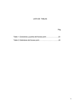 LISTA DE TABLAS




                                                     Pág.



Tabla 1. Conectores y puertos del Access point……………………23

Tabla 2. Estándares del Access point………………………………..24




                                                            5
 