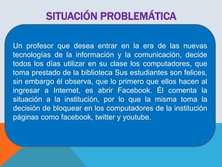 SITUACIÓN PROBLEMÁTICA
Un profesor que desea entrar en la era de las nuevas
tecnologías de la información y la comunicación, decide
todos los días utilizar en su clase los computadores, que
toma prestado de la biblioteca Sus estudiantes son felices,
sin embargo él observa, que lo primero que ellos hacen al
ingresar a Internet, es abrir Facebook. Él comenta la
situación a la institución, por lo que la misma toma la
decisión de bloquear en los computadores de la institución
páginas como facebook, twitter y youtube.

 