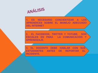 1. ES NECESARIO CONCIENTIZAR A LOS
APRENDICES SOBRE EL MANEJO ADECUADO
DEL INTERNET

2. EL FACEBOOK, TWITTER Y YOTUBE, SON
ESCIALES EN PARA
LA COMUNICACIÓN Y
APRENDIZAJE.
3. EL DOCENTE DEBE HABLAR CON SUS
ESTUDIANTES ANTES DE REPORTAR EL
INCIDENTE.

 