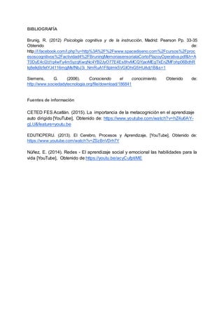 BIBLIOGRAFÍA
Brunig, R. (2012) Psicología cognitiva y de la instrucción, Madrid: Pearson Pp. 33-35
Obtenido de:
http://l.facebook.com/l.php?u=http%3A%2F%2Fwww.spacediseno.com%2Fcursos%2Fproc
esoscognitivos%2Factividad4%2FBruningMemoriasensorialaCortoPlazoyOperativa.pdf&h=A
T0DyE4cl2d1q4wFy4m5yzqKwqNc4YB2JyO77E4Es8hvMCQYjaoMEgTkEnZMFohp06BdhR
Iq8elkj9zfetYJ4116mgjMsfNbJ3i_NmRuA1F8plmk5VGIOhiG5HUAdj1B&s=1
Siemens, G. (2006). Conociendo el conocimiento. Obtenido de:
http://www.sociedadytecnologia.org/file/download/186841
Fuentes de información
CETED FES Acatlán. (2015). La importancia de la metacognición en el aprendizaje
auto dirigido [YouTube], Obtenido de: https://www.youtube.com/watch?v=hZ4u6AY-
gLU&feature=youtu.be
EDUTICPERU. (2013). El Cerebro, Procesos y Aprendizaje, [YouTube], Obtenido de:
https://www.youtube.com/watch?v=ZSzBnVDrh7Y
Núñez, E. (2014). Redes - El aprendizaje social y emocional las habilidades para la
vida [YouTube], Obtenido de:https://youtu.be/acyCufptiME
 