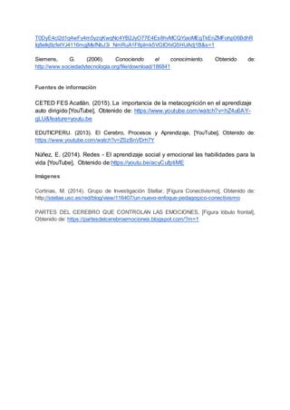 T0DyE4cl2d1q4wFy4m5yzqKwqNc4YB2JyO77E4Es8hvMCQYjaoMEgTkEnZMFohp06BdhR
Iq8elkj9zfetYJ4116mgjMsfNbJ3i_NmRuA1F8plmk5VGIOhiG5HUAdj1B&s=1
Siemens, G. (2006). Conociendo el conocimiento. Obtenido de:
http://www.sociedadytecnologia.org/file/download/186841
Fuentes de información
CETED FES Acatlán. (2015). La importancia de la metacognición en el aprendizaje
auto dirigido [YouTube], Obtenido de: https://www.youtube.com/watch?v=hZ4u6AY-
gLU&feature=youtu.be
EDUTICPERU. (2013). El Cerebro, Procesos y Aprendizaje, [YouTube], Obtenido de:
https://www.youtube.com/watch?v=ZSzBnVDrh7Y
Núñez, E. (2014). Redes - El aprendizaje social y emocional las habilidades para la
vida [YouTube], Obtenido de:https://youtu.be/acyCufptiME
Imágenes
Cortinas, M. (2014). Grupo de Investigación Stellar, [Figura Conectivismo], Obtenido de:
http://stellae.usc.es/red/blog/view/116407/un-nuevo-enfoque-pedagogico-conectivismo
PARTES DEL CEREBRO QUE CONTROLAN LAS EMOCIONES, [Figura lóbulo frontal],
Obtenido de: https://partesdelcerebroemociones.blogspot.com/?m=1
 