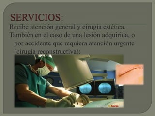 Recibe atención general y cirugía estética.
También en el caso de una lesión adquirida, o
por accidente que requiera atención urgente
(cirugía reconstructiva):
 