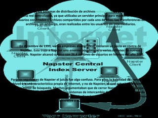 Fue el primero de los sistemas de distribución de archivos entre pares de popularidad masiva, y
     era una red centralizada, ya que utilizaba un servidor principal para mantener la lista de
     usuarios conectados y archivos compartidos por cada uno de ellos. Las transferencias de
            archivos, sin embargo, eran realizadas entre los usuarios sin intermediarios.




       En diciembre de 1999, varias empresas discográficas iniciaron un juicio en contra de
        Napster. Esto trajo a Napster una enorme popularidad y varios millones de nuevos
     usuarios. Napster alcanzó su pico con 26,4 millones de usuarios en febrero del año 2001.




 Para los seguidores de Napster el juicio fue algo confuso. Para ellos la habilidad de compartir
archivos era una característica propia de Internet, y no de Napster, el cual actuaba simplemente
como un motor de búsqueda. Muchos argumentaban que de cerrar Napster sólo se conseguiría
  que sus usuarios emigraran hacia otros sistemas de intercambio de archivos. Esto último de
hecho ocurrió, con software como Ares Galaxy, Audiogalaxy, Morpheus, Gnutella, Kazaa, Emule,
                                   LimeWire y eDonkey2000.
 