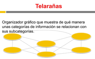 Telarañas
Organizador gráfico que muestra de qué manera
unas categorías de información se relacionan con
sus subcategorías.
 