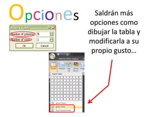 OpcionesSaldrán más opciones como dibujar la tabla y modificarla a su propio gusto…
