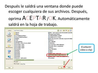 Después le saldrá una ventana donde puede escoger cualquiera de sus archivos. Después, oprima ACEPTAR /OK. Automáticamente saldrá en la hoja de trabajo.(Cualquier video o clip)