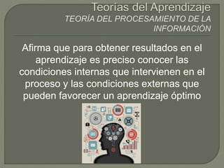 Afirma que para obtener resultados en el
aprendizaje es preciso conocer las
condiciones internas que intervienen en el
proceso y las condiciones externas que
pueden favorecer un aprendizaje óptimo
 