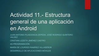 Actividad 11.- Estructura
general de una aplicación
en Android
JUAN ANTONIO PLASCENCIA ZEPEDA, JOSÉ RODRIGO QUINTERO
VALDEZ
CRISTIAN LIZZETH JIMÉNEZ CASTRO
4G PROGRAMACIÓN
MARÍA DE LOURDES RAMÍREZ VILLASEÑOR
DESARROLLO DE APLICACIONES MÓVILES
 