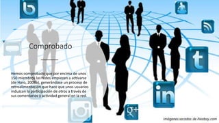 Comprobado
Hemos comprobado que por encima de unos
150 miembros las redes empiezan a activarse
(de Haro, 2008a), generándose un proceso de
retroalimentación que hace que unos usuarios
induzcan la participación de otros a través de
sus comentarios y actividad general en la red.
 