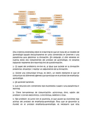Una creencia extendida sobre el e-learning es que se trata de un modelo de
aprendizaje basado exclusivamente en unos contenidos en Internet y una
plataforma para gestionar la formación. Sin embargo, si sólo tenemos en
cuenta estos dos componentes del proceso de aprendizaje, no estamos
hablando realmente de e-learning sino de autoformación.
1.- El papel del profesor/a on-line es, al igual que sucede en la formación
presencial: dinamizar y realizar un seguimiento de la formación.
2.- Existe una comunidad virtual, es decir, un medio mediante el que se
comunican los diferentes agentes que participan en el proceso de enseñanza-
aprendizaje.
3.- Se aprende haciendo.
4.- Los recursos son: contenidos tipo multimedia y papel y una plataforma e-
learning.
5.- Tiene herramientas de comunicación: asíncronas; foro, tablón del
profesor y correo electrónico, y sincrónicas; teléfono y chat.
4.- Rol profesor: es junto con el alumno/a, el que asume las funciones más
activas del proceso de enseñanza-aprendizaje. Para que se garantice la
fluidez en el proceso enseñanza-aprendizaje, es necesario que el/la
 