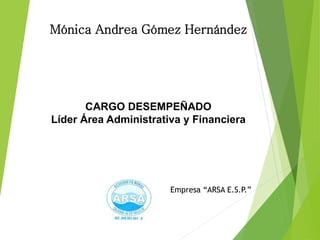 Mónica Andrea Gómez Hernández
CARGO DESEMPEÑADO
Líder Área Administrativa y Financiera
Empresa “ARSA E.S.P.”
 