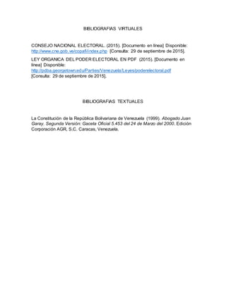BIBLIOGRAFIAS VIRTUALES
CONSEJO NACIONAL ELECTORAL. (2015). [Documento en línea] Disponible:
http://www.cne.gob.ve/copafi/index.php [Consulta: 29 de septiembre de 2015].
LEY ORGANICA DEL PODER ELECTORAL EN PDF (2015). [Documento en
línea] Disponible:
http://pdba.georgetown.edu/Parties/Venezuela/Leyes/poderelectoral.pdf
[Consulta: 29 de septiembre de 2015].
BIBLIOGRAFIAS TEXTUALES
La Constitución de la República Bolivariana de Venezuela (1999). Abogado Juan
Garay. Segunda Versión: Gaceta Oficial 5.453 del 24 de Marzo del 2000. Edición
Corporación AGR, S.C. Caracas, Venezuela.
 