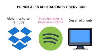 PRINCIPALES APLICACIONES Y SERVICIOS
Desarrollo web
Suscripciones a
música o videos
Alojamiento en
la nube
 