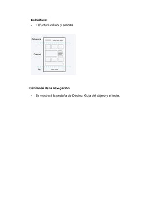 Estructura:
- Estructura clásica y sencilla
Definición de la navegación
- Se mostrará la pestaña de Destino, Guía del viajero y el índex.
 
