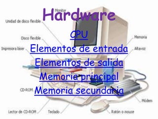 Hardware
CPU
Elementos de entrada
Elementos de salida
Memoria principal
Memoria secundaria