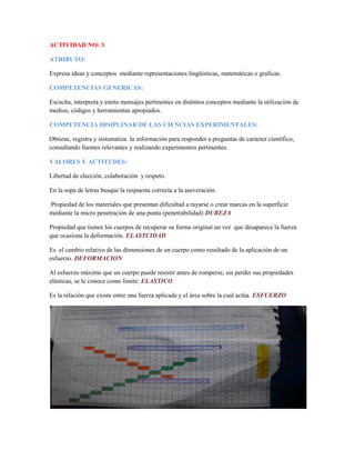 ACTIVIDAD NO: 3
ATRIBUTO:
Expresa ideas y conceptos mediante representaciones lingüísticas, matemáticas o graficas.
COMPETENCIAS GENERICAS:
Escucha, interpreta y emite mensajes pertinentes en distintos conceptos mediante la utilización de
medios, códigos y herramientas apropiados.
COMPETENCIA DISIPLINAR DE LAS CIENCIAS EXPERIMENTALES:
Obtiene, registra y sistematiza la información para responder a preguntas de carácter científico,
consultando fuentes relevantes y realizando experimentos pertinentes.
VALORES Y ACTITUDES:
Libertad de elección, colaboración y respeto.
En la sopa de letras busque la respuesta correcta a la aseveración.
Propiedad de los materiales que presentan dificultad a rayarse o crear marcas en la superficie
mediante la micro penetración de una punta (penetrabilidad) DUREZA
Propiedad que tienen los cuerpos de recuperar su forma original un vez que desaparece la fuerza
que ocasiona la deformación. ELASTCIDAD
Es el cambio relativo de las dimensiones de un cuerpo como resultado de la aplicación de un
esfuerzo. DEFORMACION
Al esfuerzo máximo que un cuerpo puede resistir antes de romperse, sin perder sus propiedades
elásticas, se le conoce como límite: ELASTICO
Es la relación que existe entre una fuerza aplicada y el área sobre la cual actúa. ESFUERZO
 