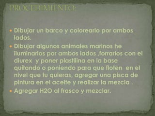 Dibujar un barco y colorearlo por ambos lados.Dibujar algunos animales marinos he iluminarlos por ambos lados ,forrarlos con el diurex  y poner plastilina en la base quitando o poniendo para que floten  en el nivel que tu quieras, agregar una pisca de pintura en el aceite y realizar la mezcla .Agregar H2O al frasco y mezclar. PROCEDIMIENTO:
