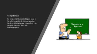 Competencias
Se implementan estrategias para el
fortalecimiento de competencias
Básicas, Ciudadanas, Laborales, y las
propias de cada área del
conocimiento.
 