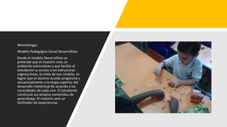 Metodología
Modelo Pedagógico Social Desarrollista
Desde el modelo Desarrollista se
pretende que el maestro crea un
ambiente estimulante a que facilite al
estudiante su acceso a las estructuras
cognoscitivas, la meta de ese modelo, es
lograr que el alumno acceda progresiva y
secuencialmente a la etapa superior del
desarrollo intelectual de acuerdo a las
necesidades de cada uno. El estudiante
construirá sus propios contenidos de
aprendizaje. El maestro será un
facilitador de experiencias.
 