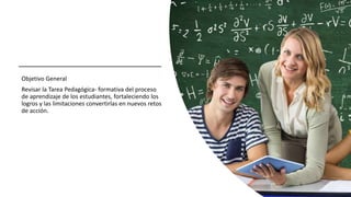 Objetivo General
Revisar la Tarea Pedagógica- formativa del proceso
de aprendizaje de los estudiantes, fortaleciendo los
logros y las limitaciones convertirlas en nuevos retos
de acción.
 