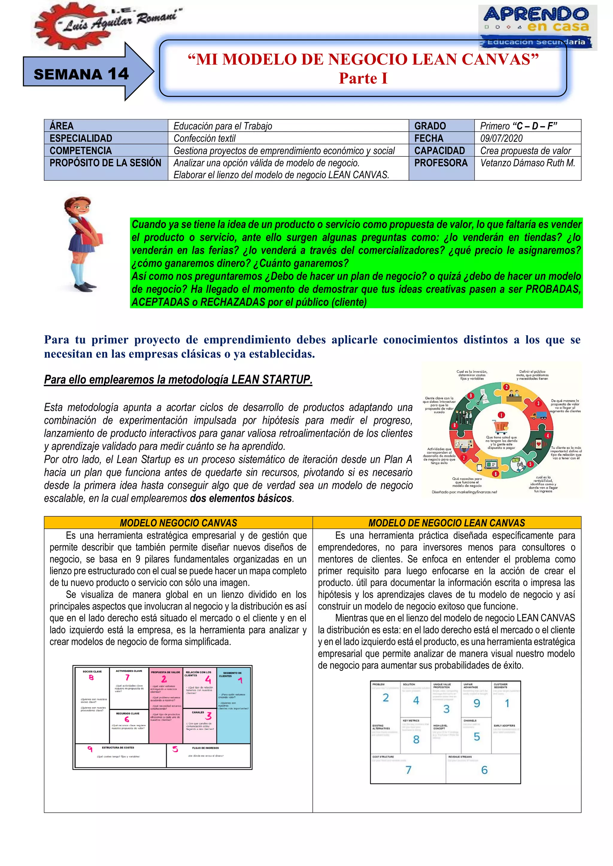 APRENDO EN CASA: MI MODELO DE NEGOCIO LEAN CANVAS | PDF