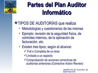 Partes del Plan Auditor
            Informático
TIPOS DE AUDITORÍAS que realiza
  • Metodologías y cuestionarios de las mismas
  • Ejemplo: revisión de la seguridad física, de
    controles internos, de la aplicación de
    facturación, etc.
  • Existen tres tipos, según el alcance:
      Full o Completa de un área
     Limitada a un aspecto
     Comprobación de acciones correctivas de
      auditorías anteriores (Corrective Action Review)
                                     Auditoría de Sistemas de
                                     Información
 