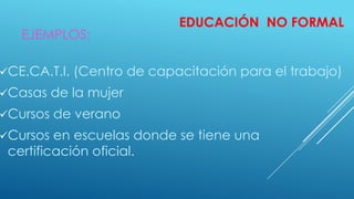 EDUCACIÓN NO FORMAL
CE.CA.T.I. (Centro de capacitación para el trabajo)
Casas de la mujer
Cursos de verano
Cursos en escuelas donde se tiene una
certificación oficial.
EJEMPLOS:
 