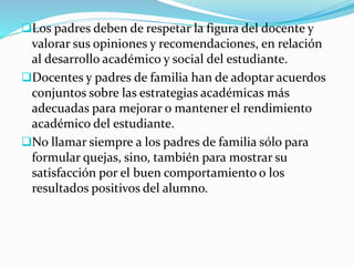 Los padres deben de respetar la figura del docente y
valorar sus opiniones y recomendaciones, en relación
al desarrollo académico y social del estudiante.
Docentes y padres de familia han de adoptar acuerdos
conjuntos sobre las estrategias académicas más
adecuadas para mejorar o mantener el rendimiento
académico del estudiante.
No llamar siempre a los padres de familia sólo para
formular quejas, sino, también para mostrar su
satisfacción por el buen comportamiento o los
resultados positivos del alumno.
 