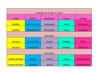 HORARIO DE CLASES 9 C 2014
LUNES

MARTES

MIERCOLES

JUEVES

VIERNES

ESPAÑOL

MATEMATICAS

NATURALES

FISICA

NATURALES

ESPAÑOL

MATEMATICAS

NATURALES

FISICA

RELIGION

DESCANSO
SOCIALES

TECNOLOGIA

TALLER

ESPAÑOL

ETICA

SOCIALES

TECNOLOGIA

TALLER

ESPAÑOL

ARTISTICA

DESCANSO
COMPUTADORES

INGLES

TALLER

INGLES

MATEMATICAS

COMPUTADORES

CIVISMO

TALLER

INGLES

MATEMATICAS

 