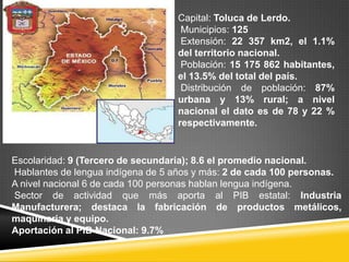 Capital: Toluca de Lerdo.
                                   Municipios: 125
                                   Extensión: 22 357 km2, el 1.1%
                                  del territorio nacional.
                                   Población: 15 175 862 habitantes,
                                  el 13.5% del total del país.
                                   Distribución de población: 87%
                                  urbana y 13% rural; a nivel
                                  nacional el dato es de 78 y 22 %
                                  respectivamente.


Escolaridad: 9 (Tercero de secundaria); 8.6 el promedio nacional.
Hablantes de lengua indígena de 5 años y más: 2 de cada 100 personas.
A nivel nacional 6 de cada 100 personas hablan lengua indígena.
Sector de actividad que más aporta al PIB estatal: Industria
Manufacturera; destaca la fabricación de productos metálicos,
maquinaria y equipo.
Aportación al PIB Nacional: 9.7%
 