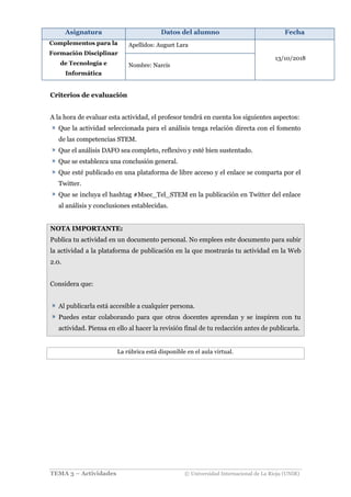 Asignatura Datos del alumno Fecha
Complementos para la
Formación Disciplinar
de Tecnología e
Informática
Apellidos: Auguet Lara
13/10/2018
Nombre: Narcís
TEMA 3 – Actividades © Universidad Internacional de La Rioja (UNIR)
Criterios de evaluación
A la hora de evaluar esta actividad, el profesor tendrá en cuenta los siguientes aspectos:
Que la actividad seleccionada para el análisis tenga relación directa con el fomento
de las competencias STEM.
Que el análisis DAFO sea completo, reflexivo y esté bien sustentado.
Que se establezca una conclusión general.
Que esté publicado en una plataforma de libre acceso y el enlace se comparta por el
Twitter.
Que se incluya el hashtag #Msec_Tel_STEM en la publicación en Twitter del enlace
al análisis y conclusiones establecidas.
NOTA IMPORTANTE:
Publica tu actividad en un documento personal. No emplees este documento para subir
la actividad a la plataforma de publicación en la que mostrarás tu actividad en la Web
2.0.
Considera que:
Al publicarla está accesible a cualquier persona.
Puedes estar colaborando para que otros docentes aprendan y se inspiren con tu
actividad. Piensa en ello al hacer la revisión final de tu redacción antes de publicarla.
La rúbrica está disponible en el aula virtual.
 