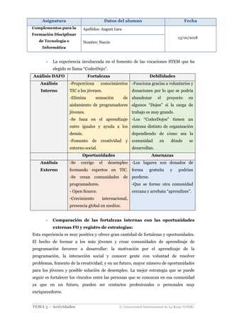 Asignatura Datos del alumno Fecha
Complementos para la
Formación Disciplinar
de Tecnología e
Informática
Apellidos: Auguet Lara
13/10/2018
Nombre: Narcís
TEMA 3 – Actividades © Universidad Internacional de La Rioja (UNIR)
- La experiencia involucrada en el fomento de las vocaciones STEM que he
elegido se llama “CoderDojo”.
Análisis DAFO Fortalezas Debilidades
Análisis
Interno
-Proporciona conocimientos
TIC a los jóvenes.
-Elimina sensación de
aislamiento de programadores
jóvenes.
-Se basa en el aprendizaje
entre iguales y ayuda a los
demás.
-Fomento de creatividad y
entorno social.
-Funciona gracias a voluntarios y
donaciones por lo que se podría
abandonar el proyecto en
algunos “Dojos” si la carga de
trabajo es muy grande.
-Los “CoderDojos” tienen un
sistema distinto de organización
dependiendo de cómo sea la
comunidad en dónde se
desarrollan.
Oportunidades Amenazas
Análisis
Externo
-Se corrige el desempleo
formando expertos en TIC.
-Se crean comunidades de
programadores.
- Open Source.
-Crecimiento internacional,
presencia global en medios.
-Los lugares son donados de
forma gratuita y podrían
perderse.
-Que se forme otra comunidad
cercana y arrebata “aprendizes”.
- Comparación de las fortalezas internas con las oportunidades
externas FO y registro de estrategias:
Esta experiencia es muy positiva y ofrece gran cantidad de fortalezas y oportunidades.
El hecho de formar a los más jóvenes y crear comunidades de aprendizaje de
programación favorece a desarrollar: la motivación por el aprendizaje de la
programación, la interacción social y conocer gente con voluntad de resolver
problemas, fomento de la creatividad; y en un futuro, mayor número de oportunidades
para los jóvenes y posible solución de desempleo. La mejor estrategia que se puede
seguir es fortalecer los vínculos entre las personas que se conozcan en esa comunidad
ya que en un futuro, pueden ser contactos profesionales o personales muy
enriquecedores.
 