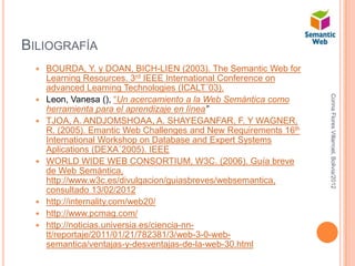 BILIOGRAFÍA
     BOURDA, Y. y DOAN, BICH-LIEN (2003). The Semantic Web for
      Learning Resources. 3rd IEEE International Conference on
      advanced Learning Technologies (ICALT´03).




                                                                    Corina Flores Villarroel, Bolivia/2012
     Leon, Vanesa (), “Un acercamiento a la Web Semántica como
      herramienta para el aprendizaje en línea”
     TJOA, A. ANDJOMSHOAA, A. SHAYEGANFAR, F. Y WAGNER,
      R. (2005). Emantic Web Challenges and New Requirements 16th
      International Workshop on Database and Expert Systems
      Aplications (DEXA´2005). IEEE
     WORLD WIDE WEB CONSORTIUM, W3C. (2006). Guía breve
      de Web Semántica,
      http://www.w3c.es/divulgacion/guiasbreves/websemantica,
      consultado 13/02/2012
     http://internality.com/web20/
     http://www.pcmag.com/
     http://noticias.universia.es/ciencia-nn-
      tt/reportaje/2011/01/21/782381/3/web-3-0-web-
      semantica/ventajas-y-desventajas-de-la-web-30.html
 