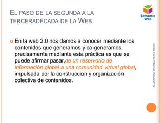 EL PASO DE LA SEGUNDA A LA
TERCERADÉCADA DE LA WEB


   En la web 2.0 nos damos a conocer mediante los




                                                         Corina Flores Villarroel, Bolivia/2012
    contenidos que generamos y co-generamos,
    precisamente mediante esta práctica es que se
    puede afirmar pasar,de un reservorio de
    información global a una comunidad virtual global,
    impulsada por la construcción y organización
    colectiva de contenidos.
 
