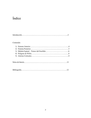 2
Índice
Introducción…………………………………………………………………...2
Contenido:
1) Sistema Anterior………………………………………………………..4
2) Sistema Posterior……………………………………………………….5
3) Médula Espinal – Tronco del Encéfalo………………………………...6
4) Polígono de Willis……………………………………………………...8
5) Arterias Corticales……………………………………………………...9
Sitios de Interés………………………………………………………………11
Bibliografía…………………………………………………………………..12
 